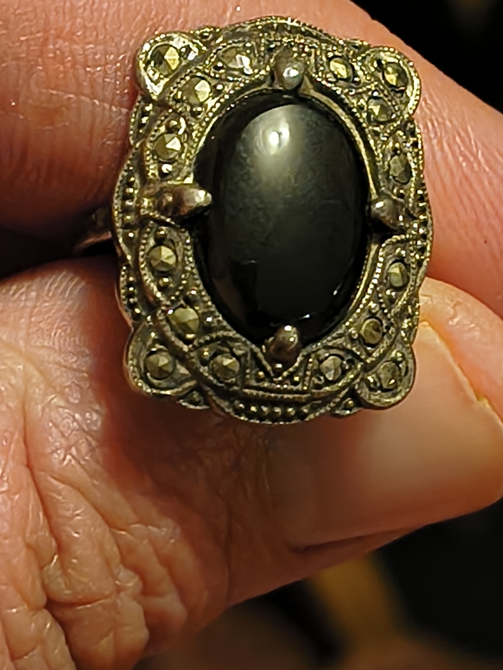 Antique Sterling Silver Black Onyx & Marcasite Ring Size 6 Signed Sterling